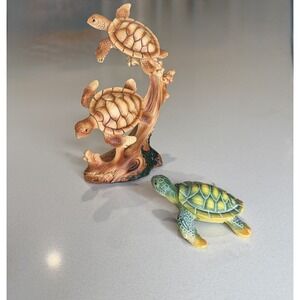 Sea Turtle Figurine Set 2 Piece Coastal Beach Decor Driftwood Sculpture